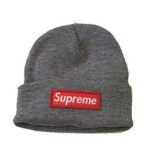 Grey solid Supreme red box logo beanie